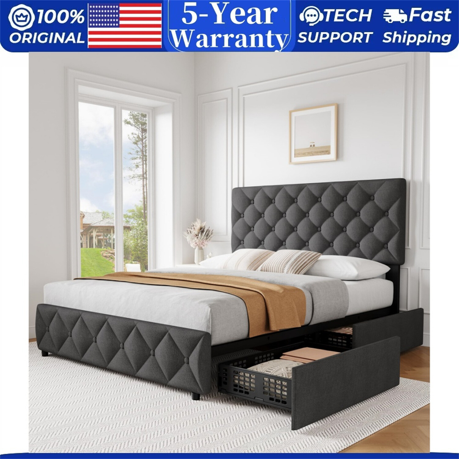 ⏯⏯✅4 Storage Drawers and Headboard Queen Bed Frame Upholstered Platform Bed Fram