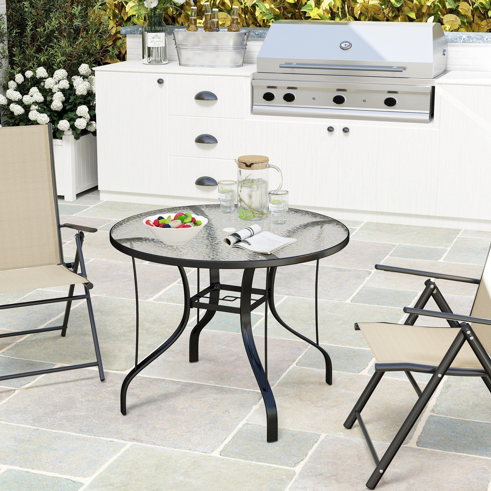 Black 38" Round Dining Table: Tempered Glass, Rust-Proof Frame, 110lb Cap