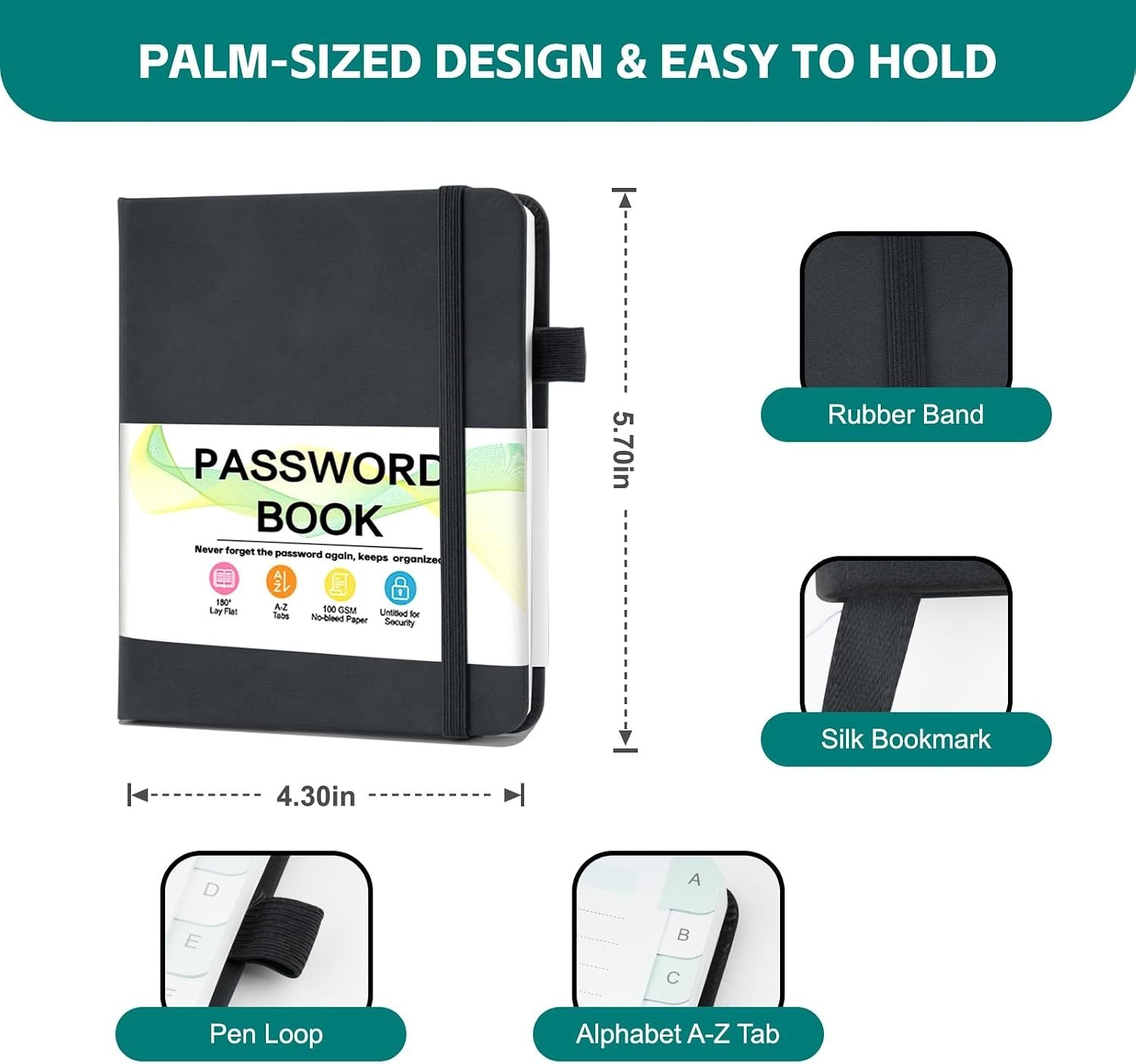 Password Keeper Book with Alphabetical Tabs Compact Password Notebook Black