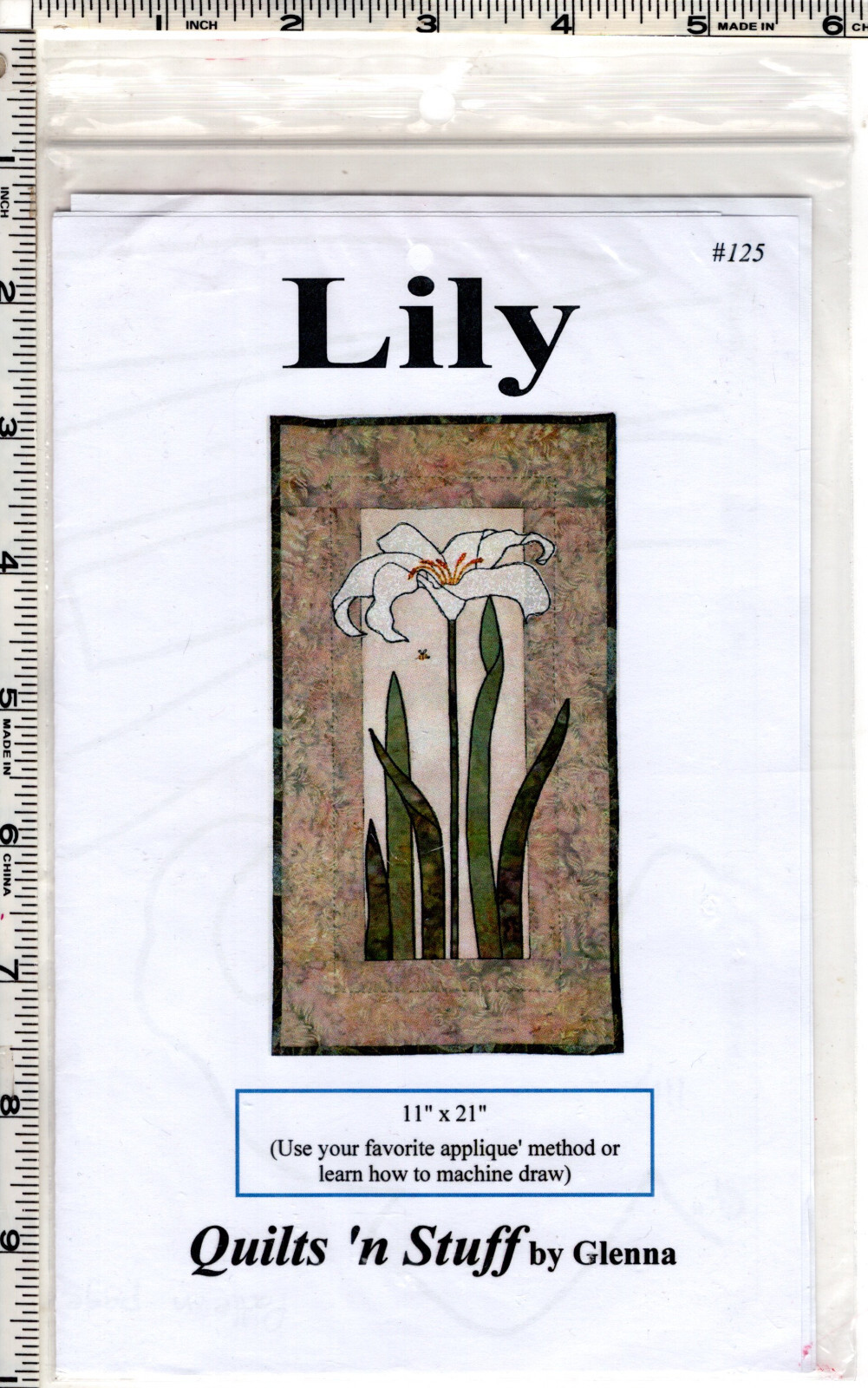 "Lily" Quilts 'n Stuff Sewing Appliqué Pattern # 125 11" x 21" UNCUT