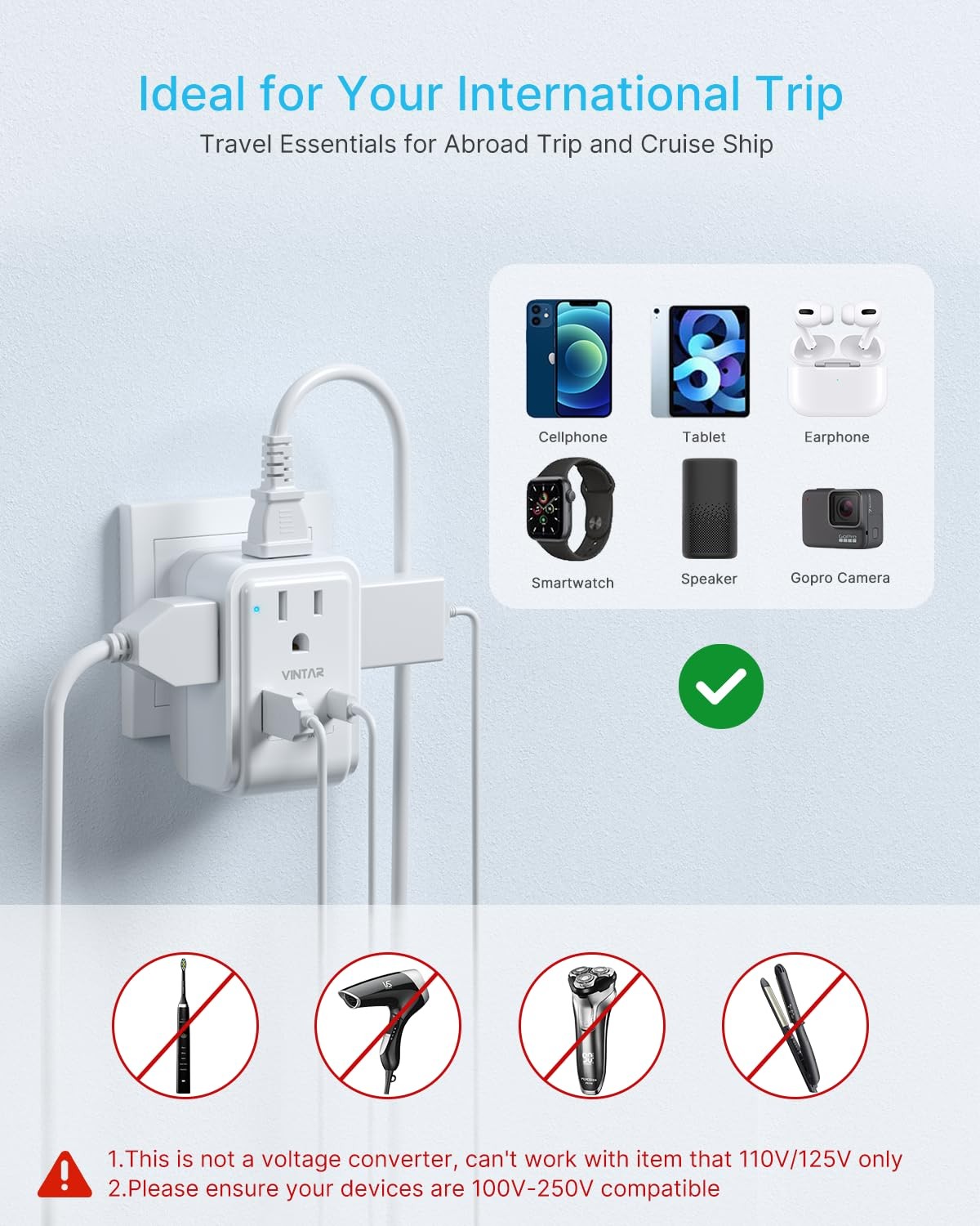 2 Pack US to UK Plug Adapter, VINTAR Foldable Adapters small, white+grey
