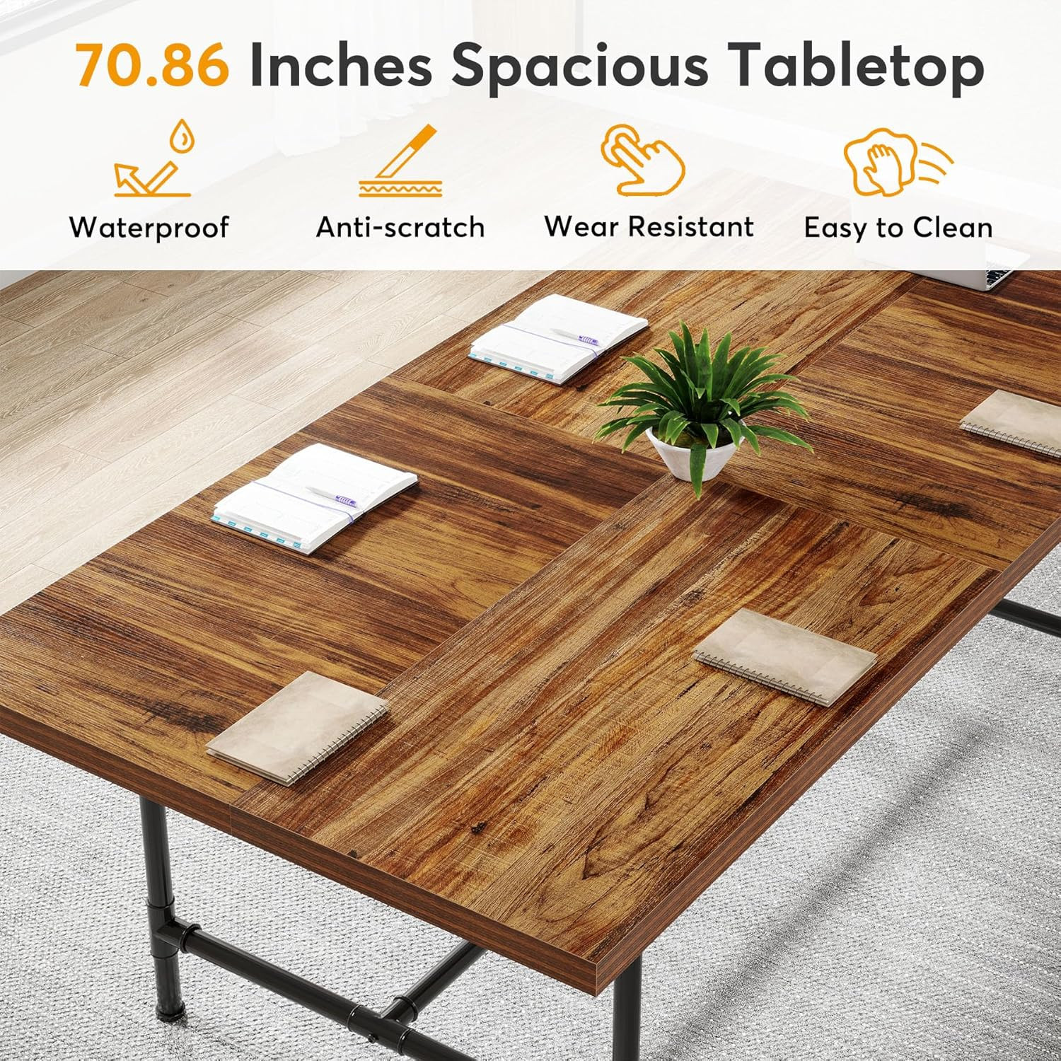 6FT Conference Table, Rustic Rectangle 70.8" W X 35.4" D Meeting Table, Modern S