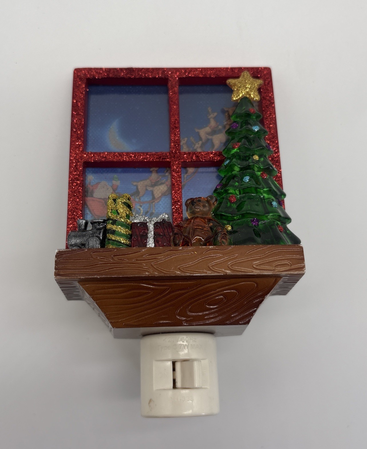 Christmas Motif Window View of Santa in his Sleigh Gifts Train Tree Night Light