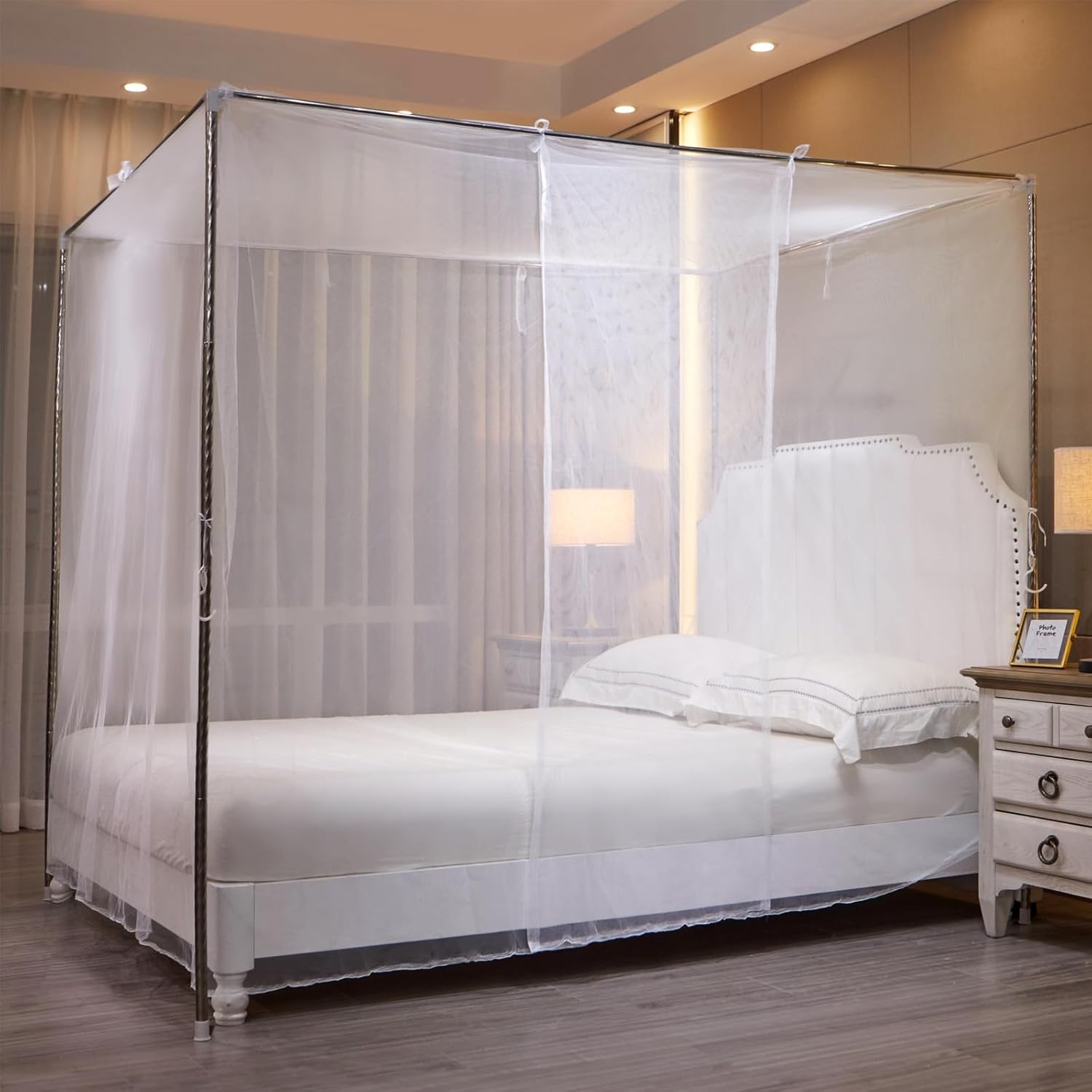 White Mosquito Net Tent for Bed，One Side Opening Canopy Netting 1
