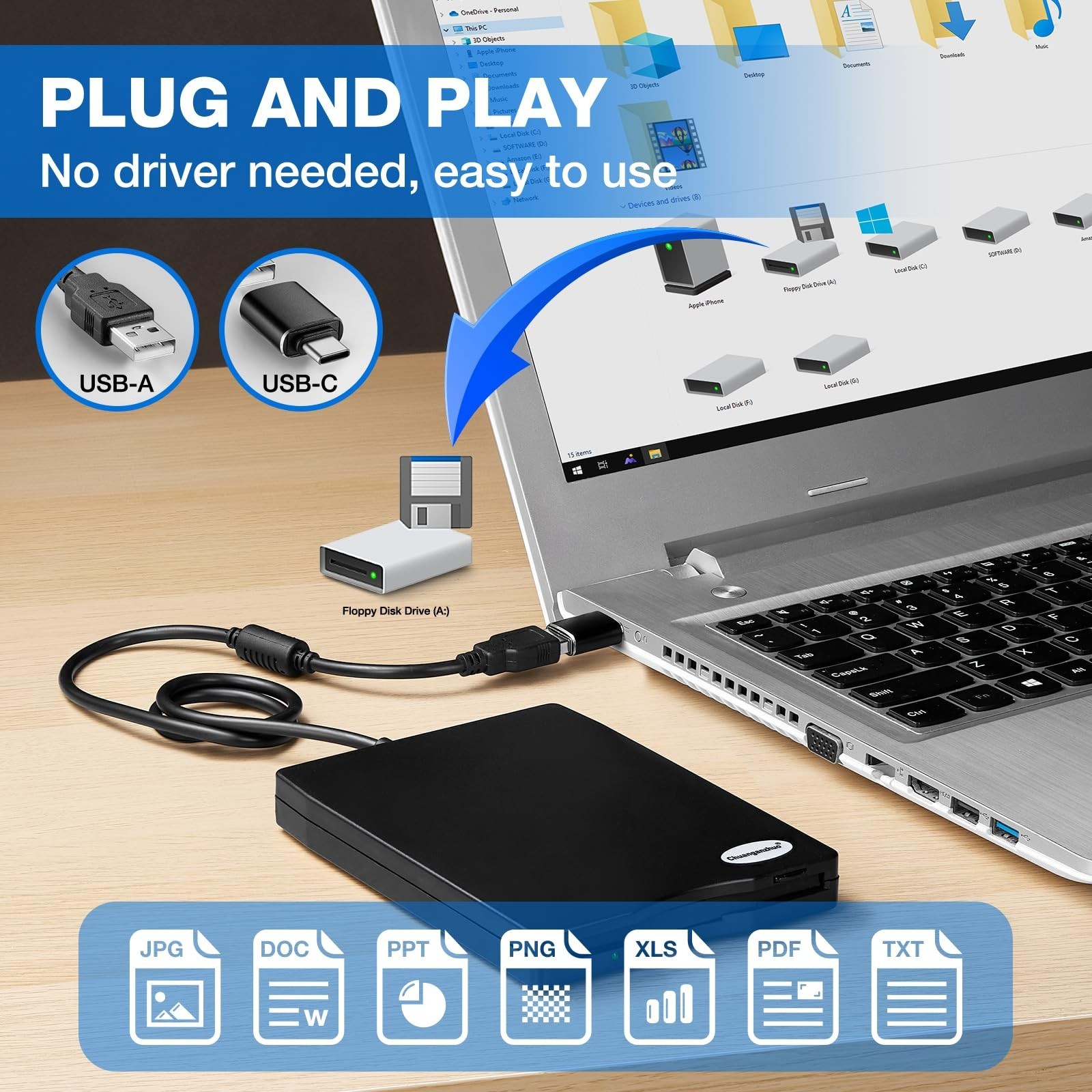 3.5" USB Floppy Disk Reader Drive for PC & Laptop - Windows Compatible, Frosted