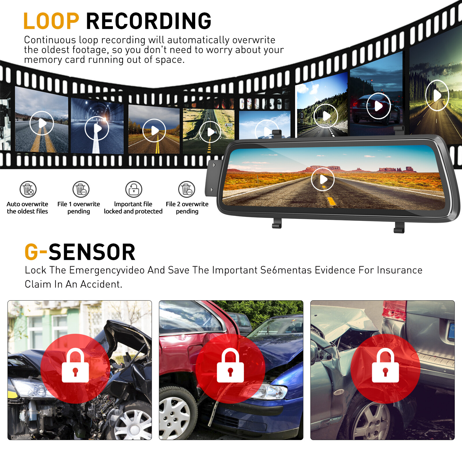 XGODY 10" 1080P Dash Cam DVR Touch Screen Front and Rear Camera Video Recorder