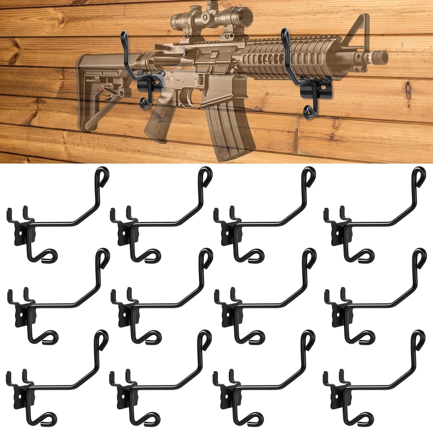 Gun Rack Wall Mount – 12-Pack Vinyl-Coated Steel Hooks for Slatwall, Black