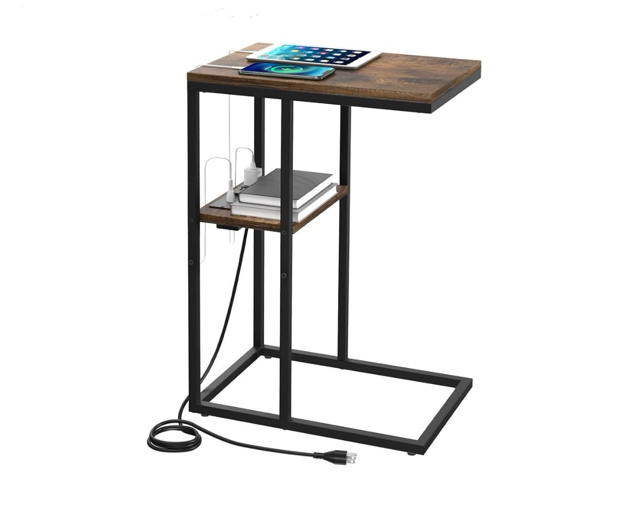 Yoobure C Shaped End Table with Charging Station for Living Rustic Brown