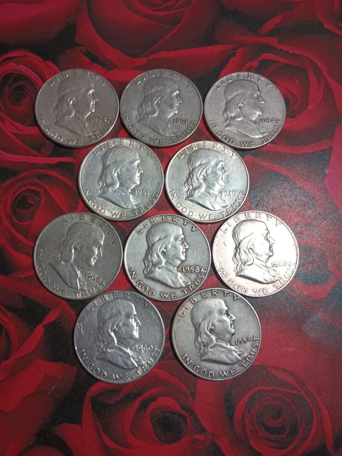 LOT OF 10 RANDOM DATES BENJAMIN FRANKLIN HALF DOLLARS 90% FINE SILVER