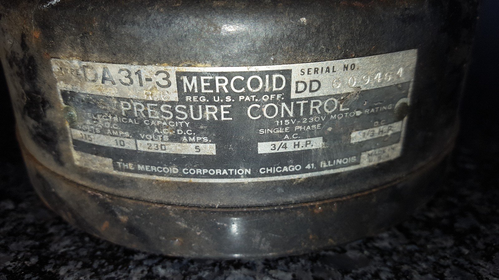Mercoid Control DA31-3 General Purpose Adjustable Pressure Switch SteamPunk