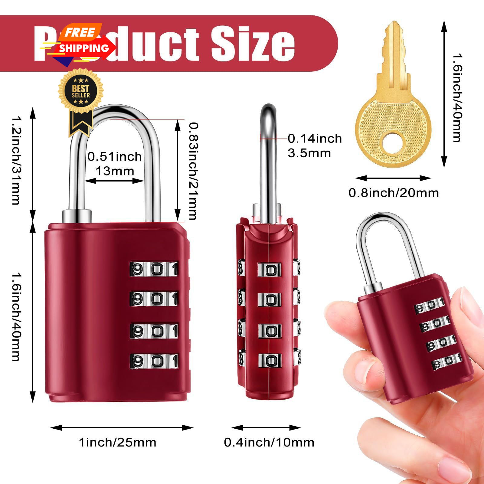 Kenning 10 Pcs Combination Padlock 4 Digit Lock with Keys Red