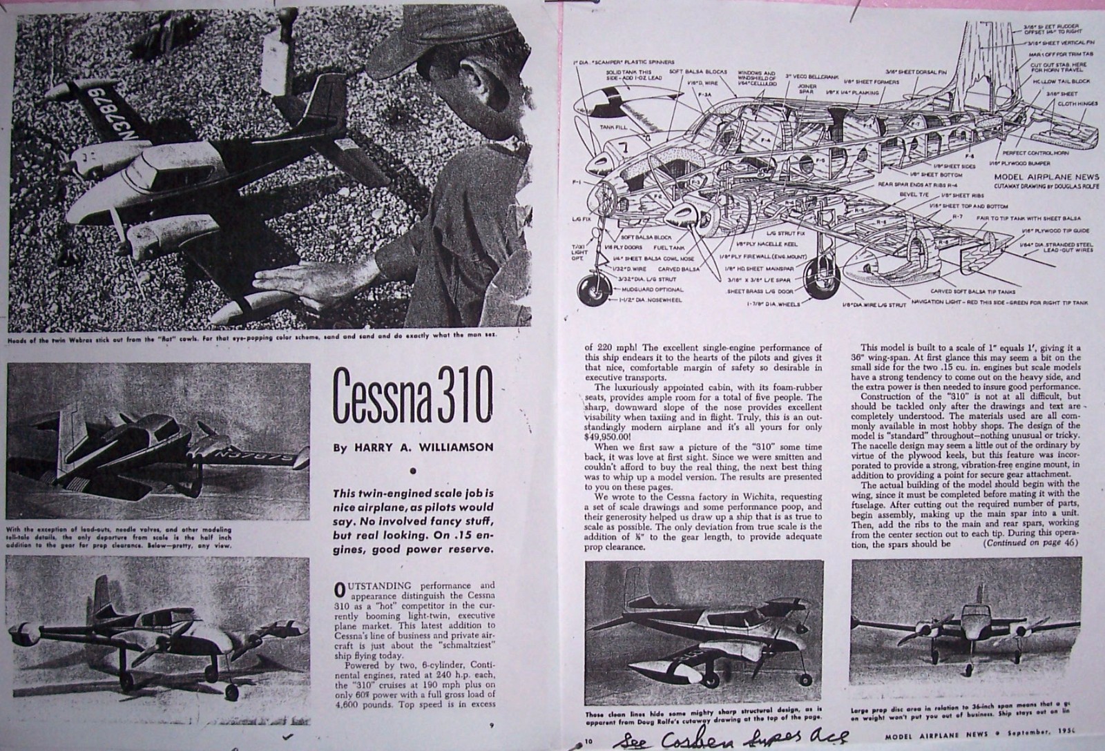 CESSNA 310A PLAN + CONSTRUCTION ARTICLE & SCALE DATA to Build UC Model Airplane