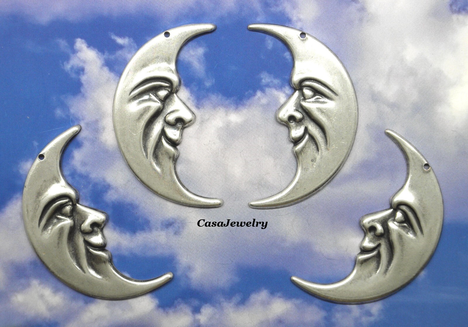 #0278 ANTIQUED .925 STERLING SILVER PLATED CRESCENT MOONS LEFT/RIGHT - 4 Pcs