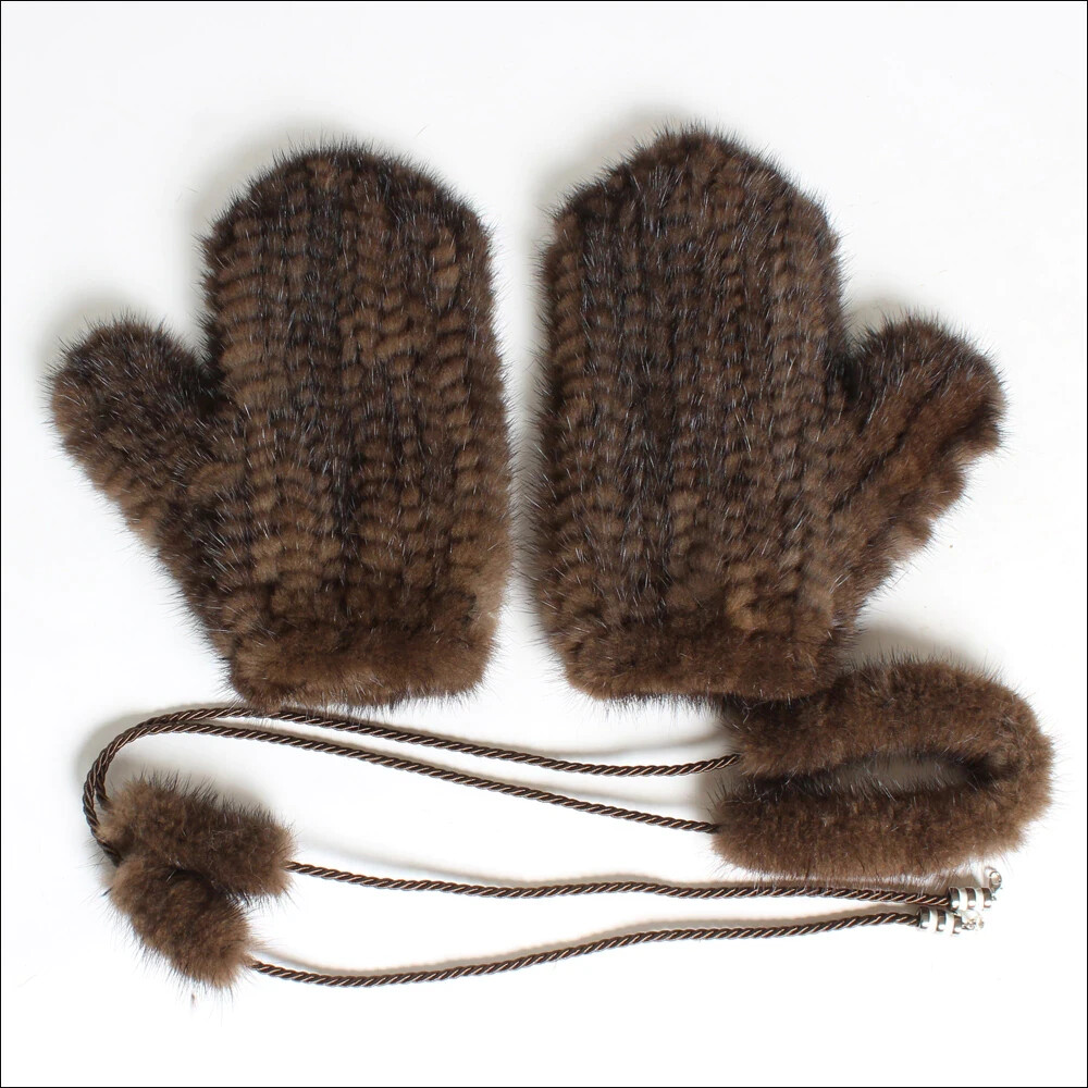 Genuine Brown Mink Knitted Women Men  Mink Fur Glove Mittens Nice