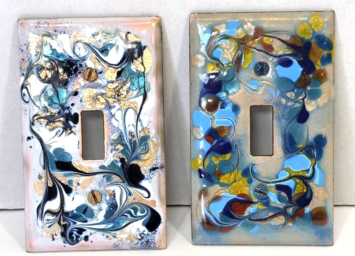 2 Vtg Handpainted Enamel on Copper Single Light Switch Wall Plates Blue Gold HTF