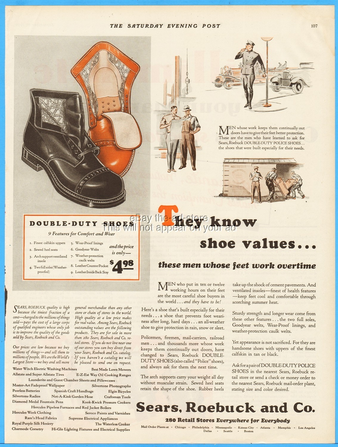 1929 Sears Roebuck Vintage 1920s Print Ad Retail Stores Double Duty Police Shoes