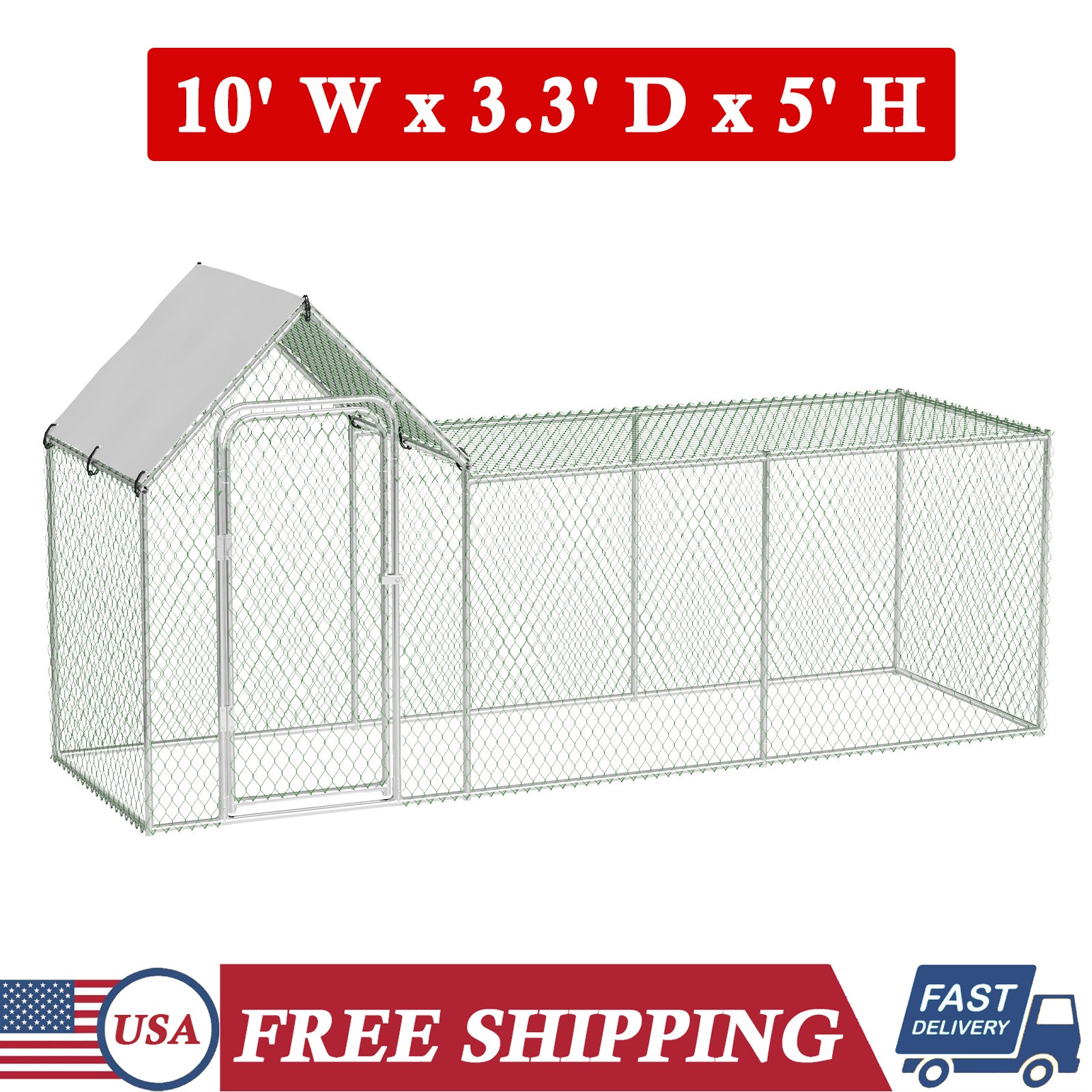 10x3.3x5 ft Large Metal Chicken Coop Walk-in Chicken Pen Cage Hen House w/ Cover