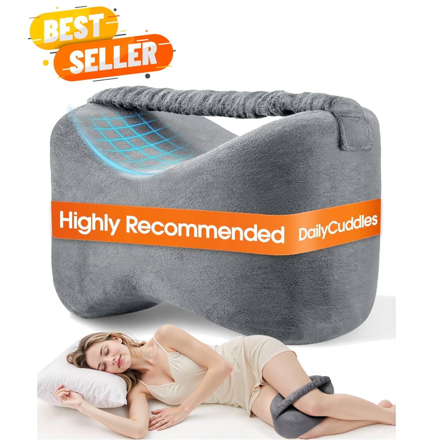 Knee Pillow for Side Sleepers with Strap, Supportive Memory Foam Leg Pillow f...