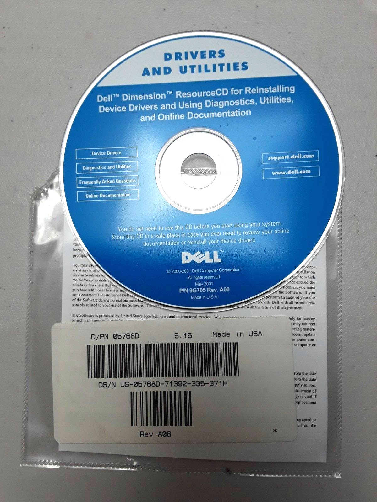 Dell Drivers & Utilities ResourceCD for Reinstalling 9G705 REV A00 ~ CD-ROM