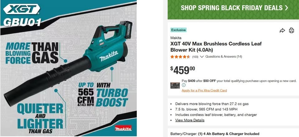 Makita GBU01M1 40V Max XGT Brushless Cordless Blower Kit - Black/Green