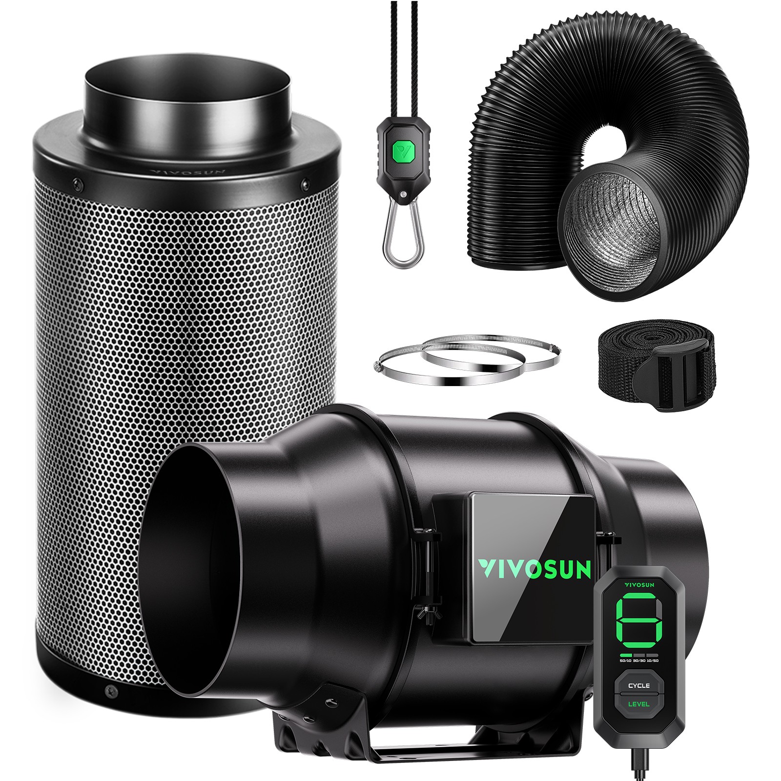 VIVOSUN AeroZesh G6 6'' 388 CFM Inline Duct Fan w/E12,Carbon Filter & 8' Ducting