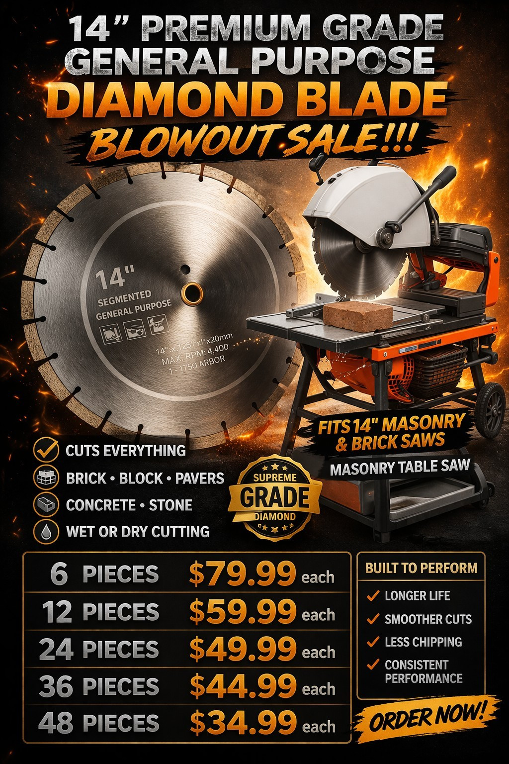 14 diamond segmented saw blade for brick, block, pavers, concrete, stone -