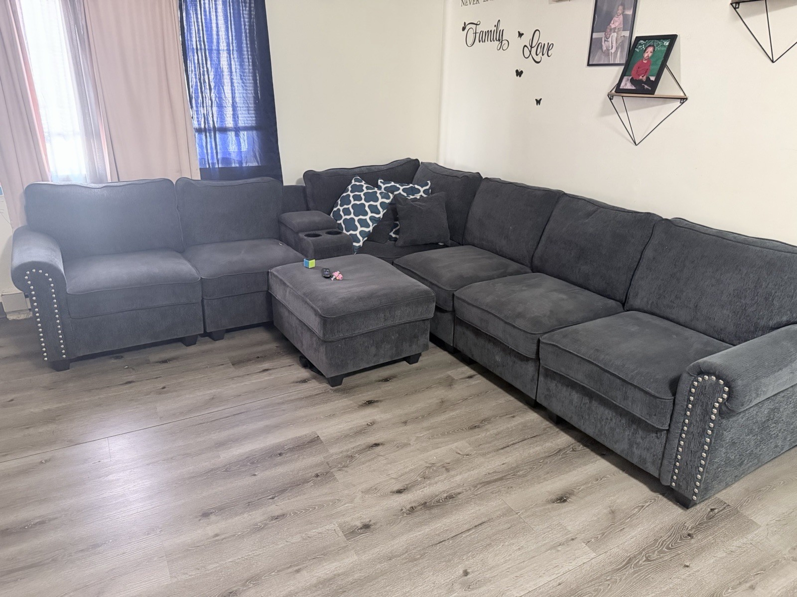 Gray Solid Sectional Sofa with Cup Holder Console, Nailhead Trim, Ottoman