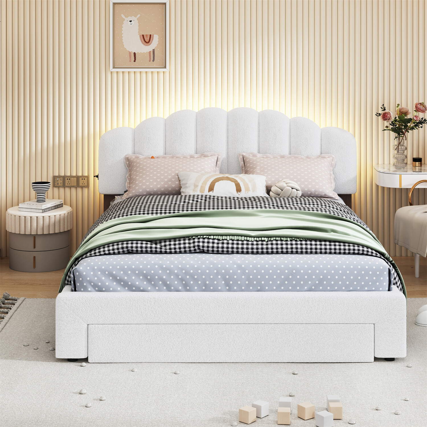 Queen Size Bed Frame Upholstered Platform Bed with Drawers White/Beige/Gray US