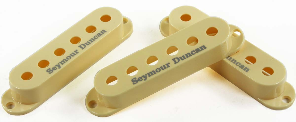 Set of 3 Seymour Duncan Strat Single Coil Pickup Covers, Cream w/Logo, NEW!