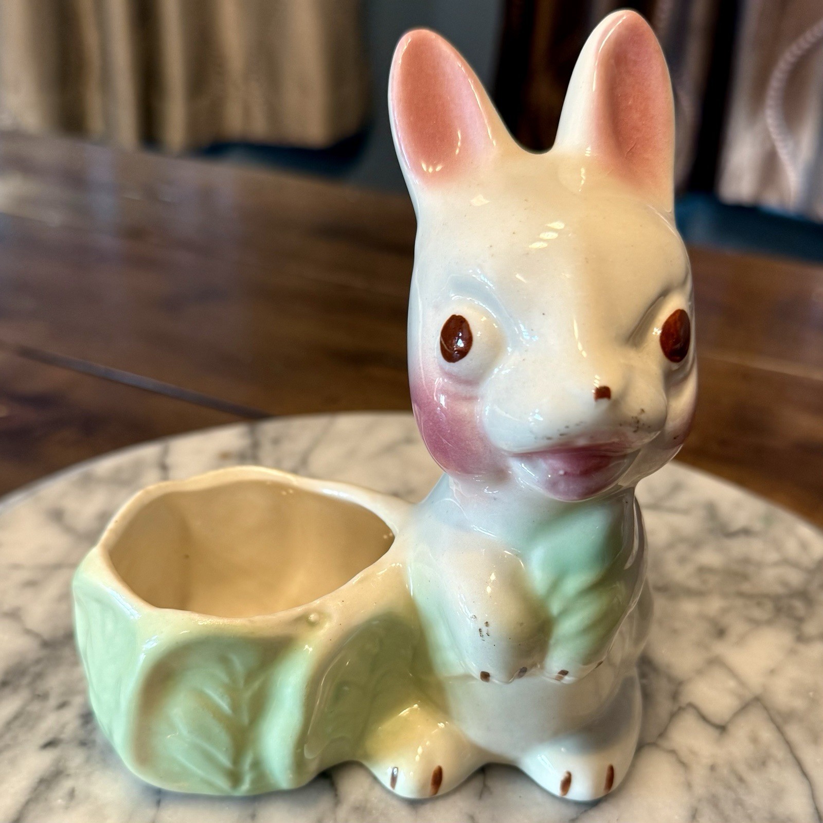 VTG 1950s MCM Ceramic Easter Bunny Rabbit Cabbage Planter Country Cottage Core