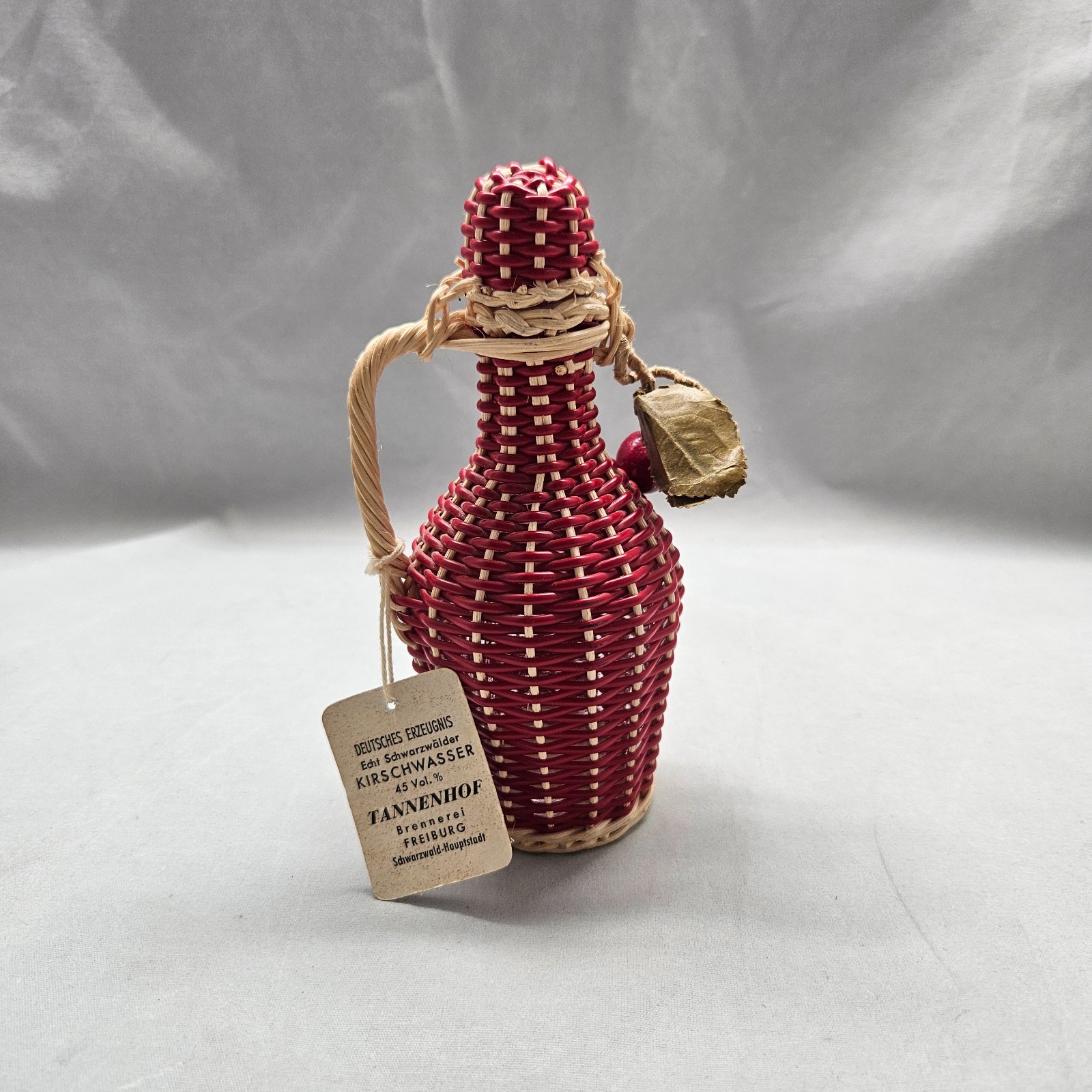 Vintage Empty Red Wicker Wraped Cherry Brandy Glass Bottle Blackforest Germany