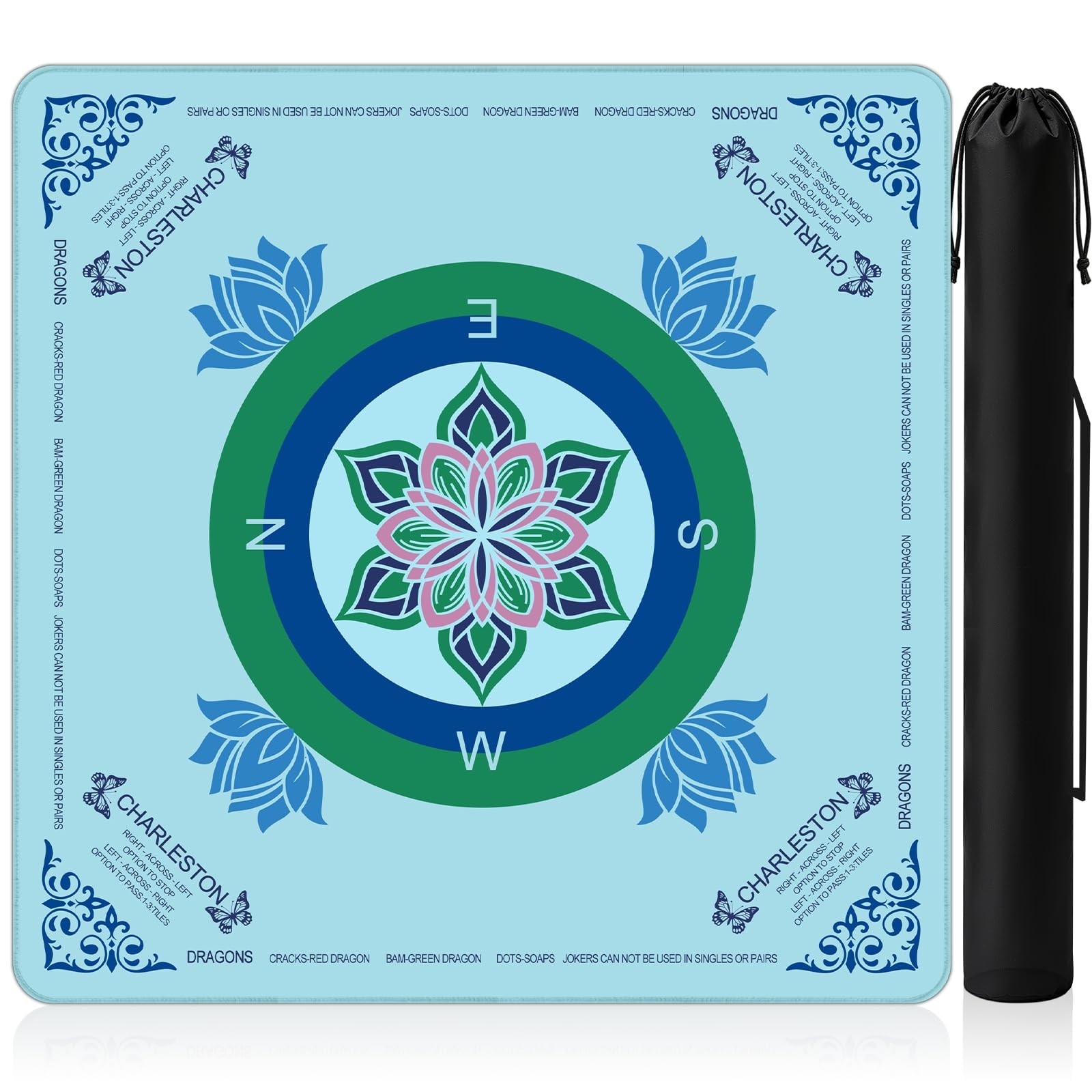 Mocsicka Blue Mahjong Mat with Printed Rules 31.5" x 31.5"