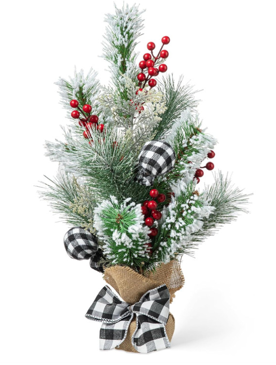 Glitzhome 21"H Christmas Flocked Pine Berries Table Tree w Burlap Base plaid