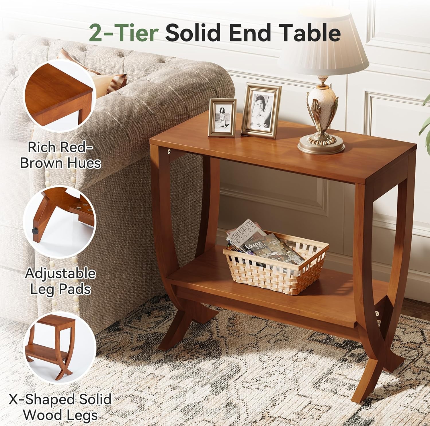 2-Tier Solid Wood End Table Modern Couch Side Table with Storage for Living Room