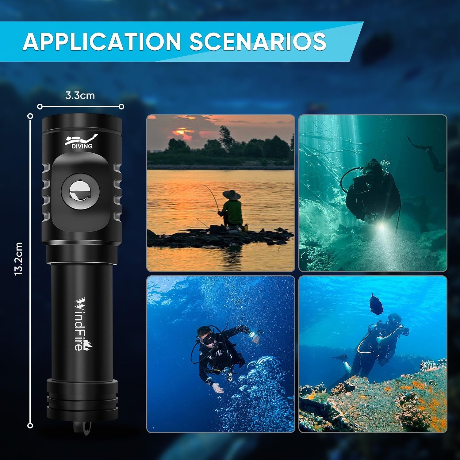 WINDFIRE Dive Light Scuba Diving Flashlight, Super Bright Rechargeable Waterproo