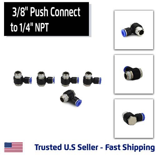 5 Pack, Universal Male Elbow Pneumatic Fitting Push Connect 3/8" Tube to 1/4"NPT
