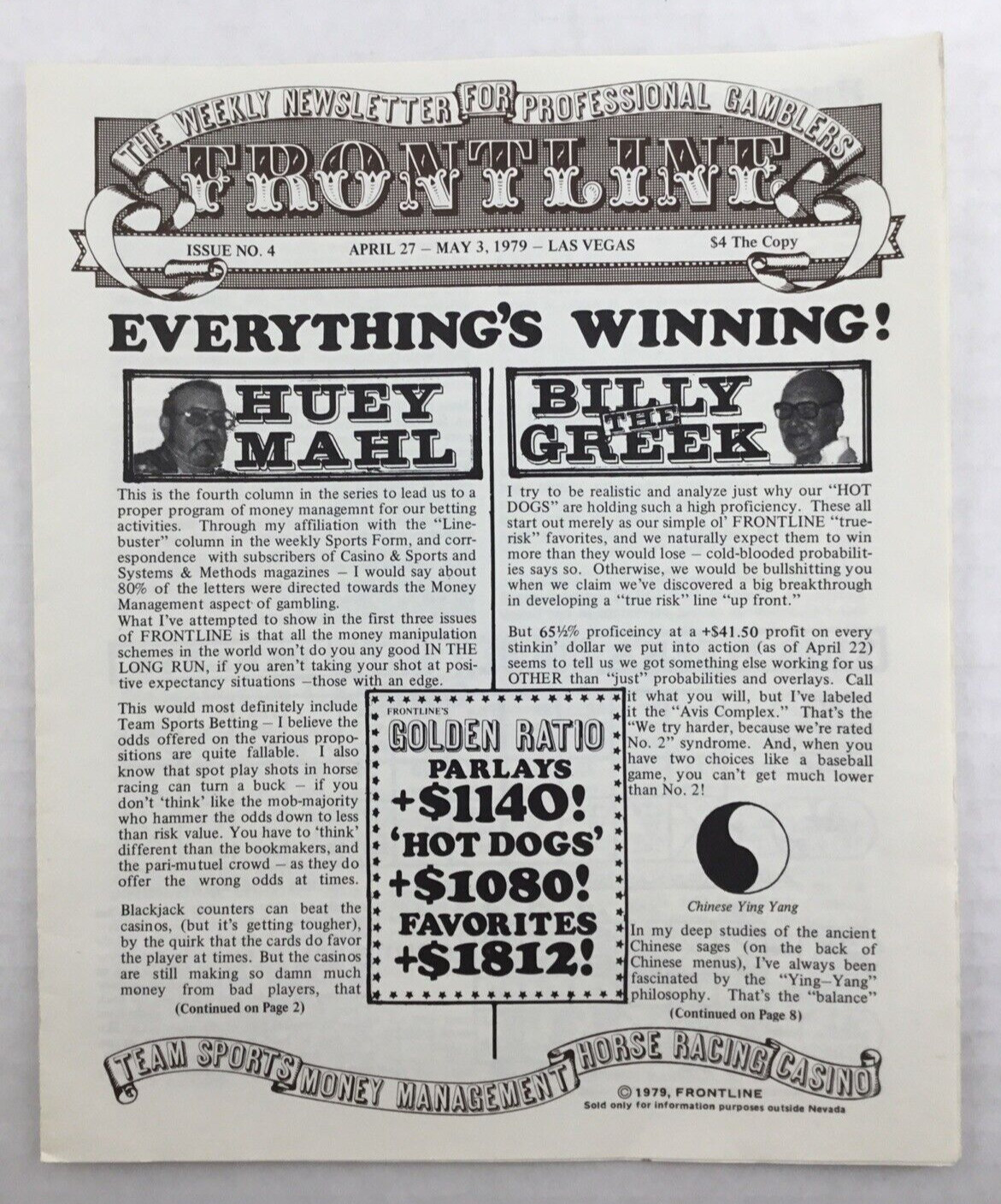 Frontline April 1979 Huey Mahl Las Vegas Nevada Newsletter Professional Gamblers