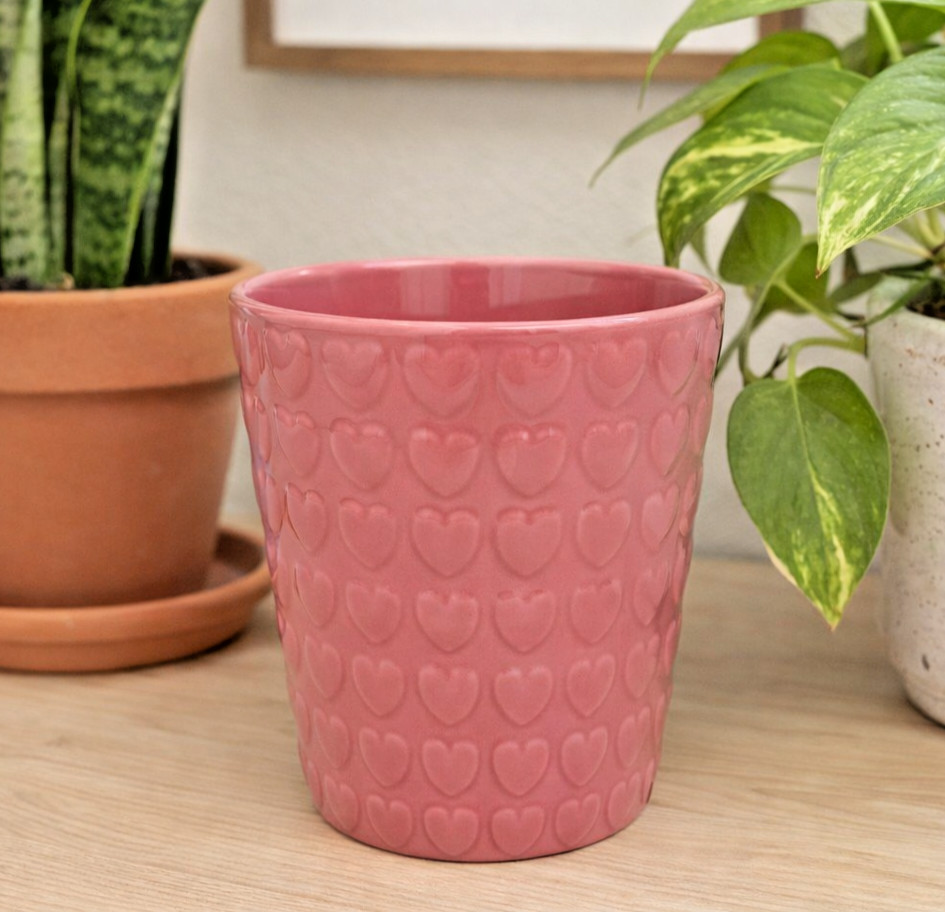 Pink Heart Ceramic Planter 5” Retro Valentine Decor No Drain Hole