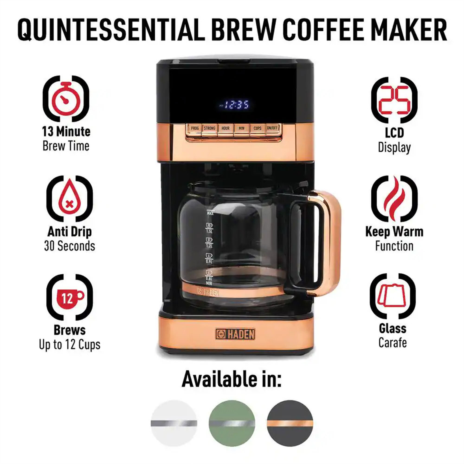 Haden Quintessential 12 Cup Programmable Digital Coffee Maker, Black/Copper