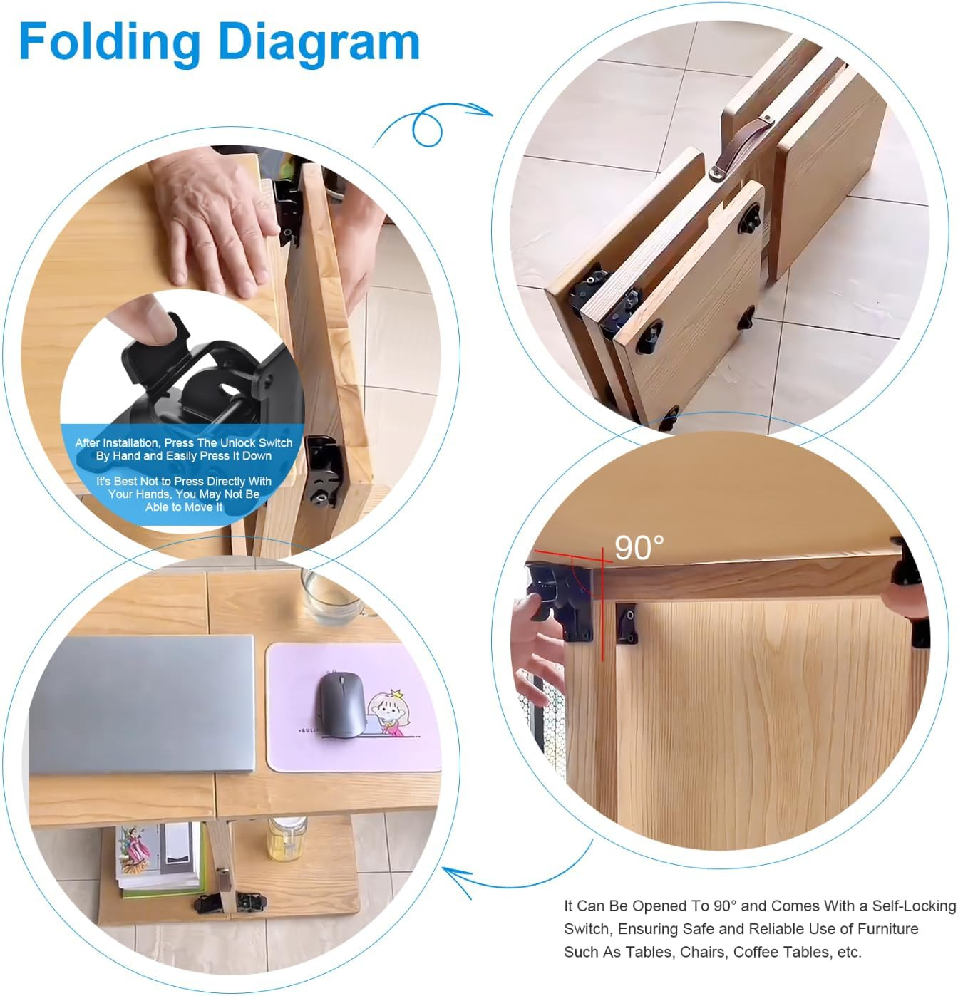 4 Pack Folding Brackets, Self-Locking Hinges with Screws & Non-Slip Pads, 500LB