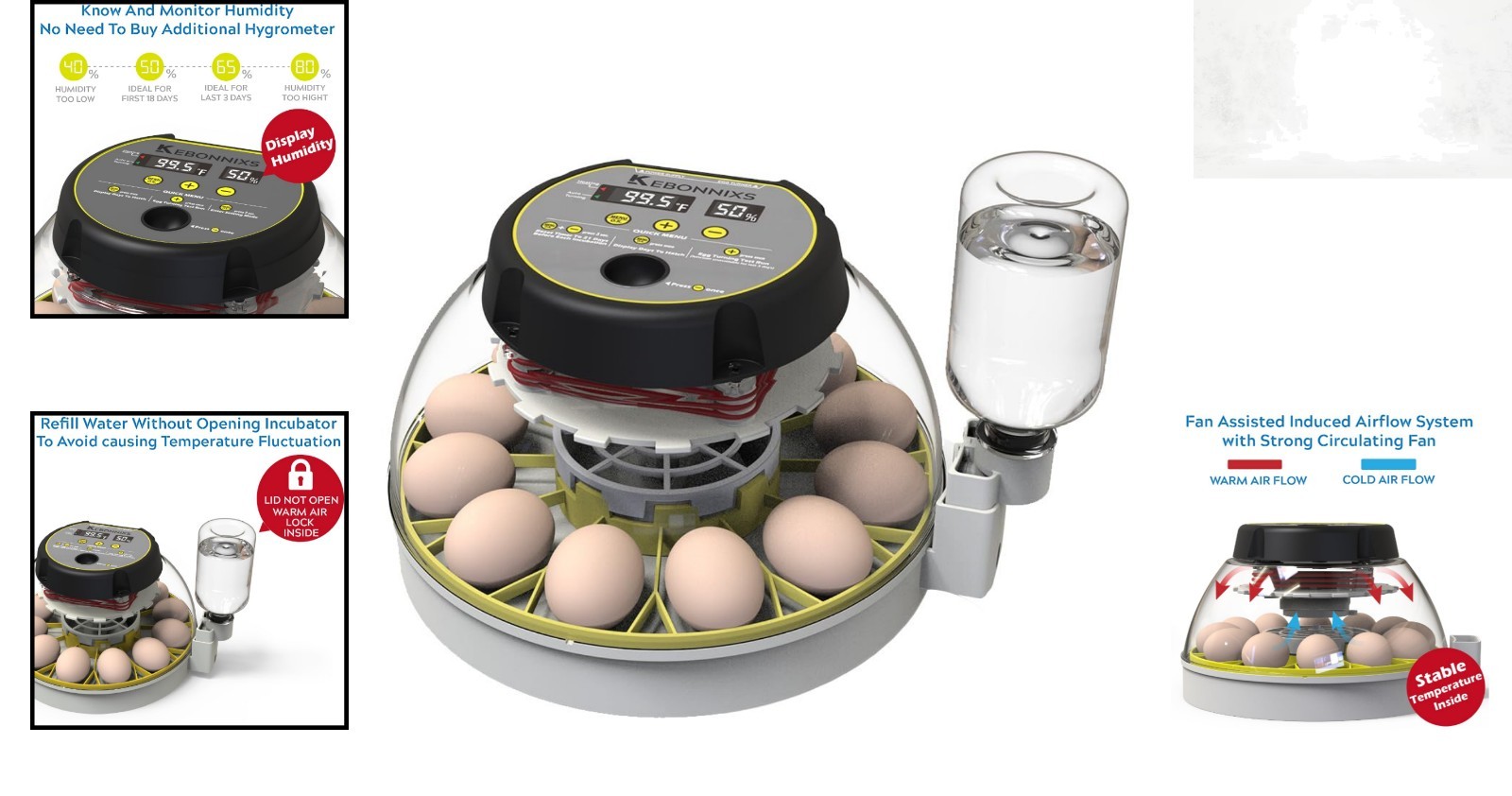 12 Egg Incubator with Humidity Display, Automatic Egg Turner, Built-in Egg Ca...