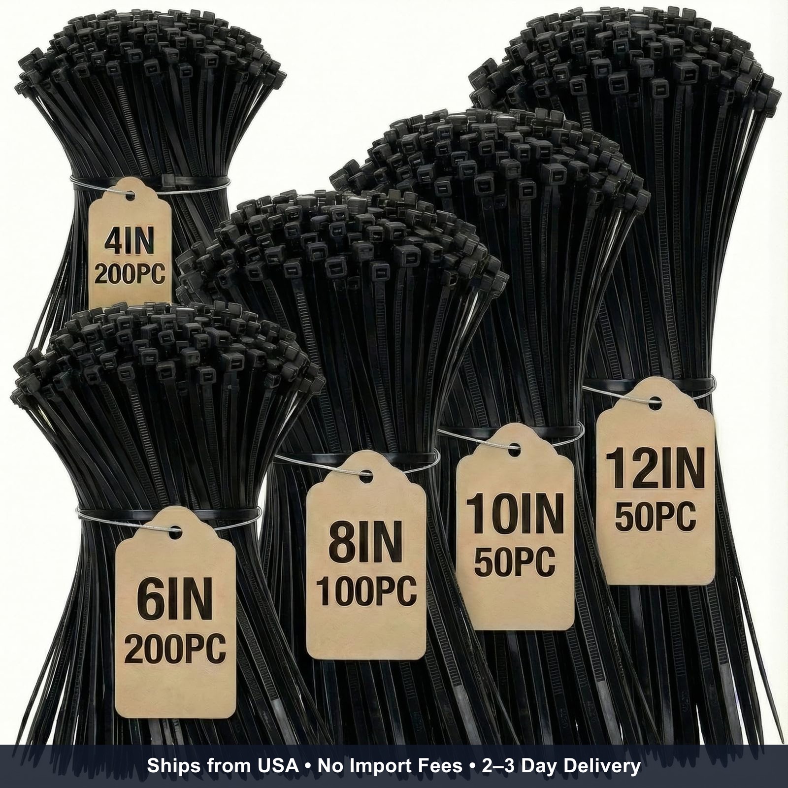 Black Zip Ties Assorted Sizes 4+6+8+10+12-Inch，600PCS Multi-Purpose Self-Locking