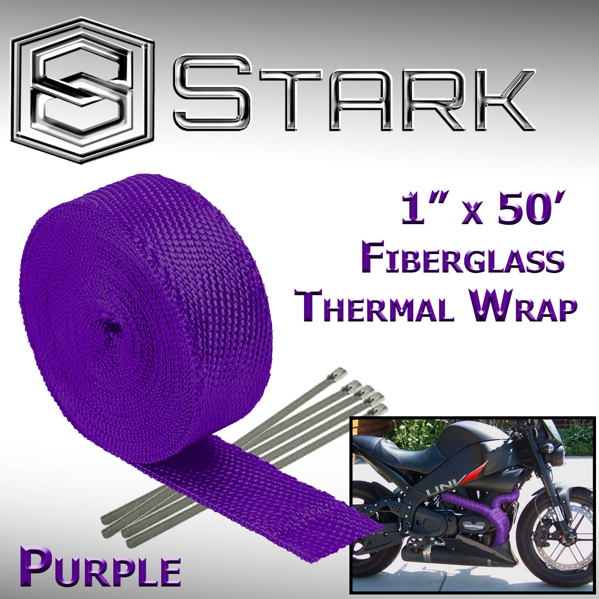 1" x 50' Ft Motorcycle Header Exhaust Heat Wrap Fiberglass Manifold - Purple (A)