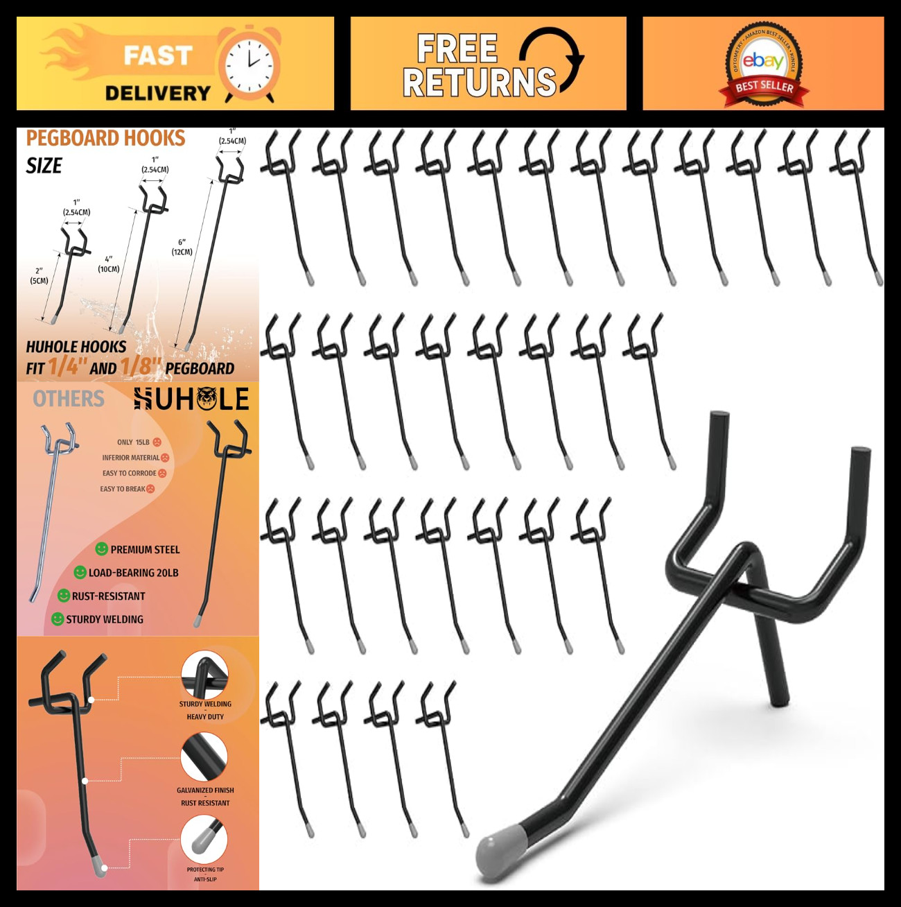 50-Pack Black Pegboard Hooks 2" Heavy Duty Metal Hangers, Rust-Resistant Organiz