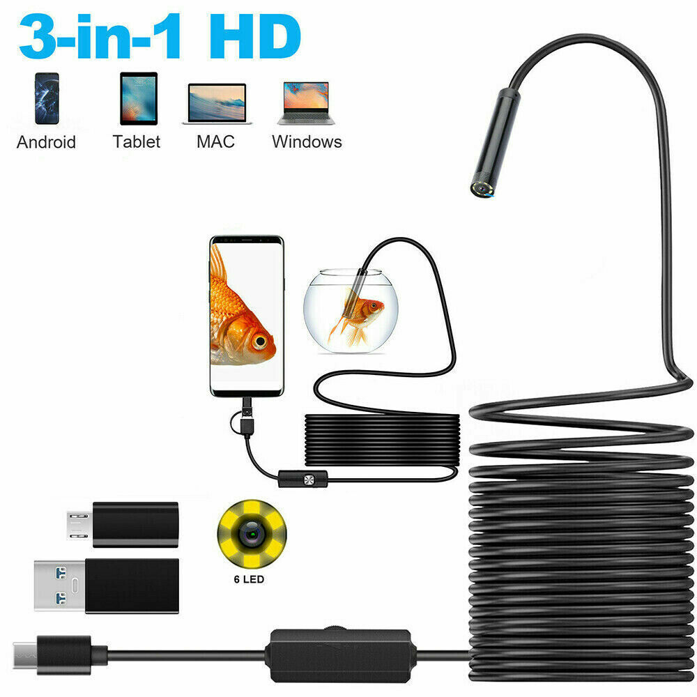 For Android PC 16FT/5M 3 IN 1 Snake Endoscope Borescope Inspection Camera Scope
