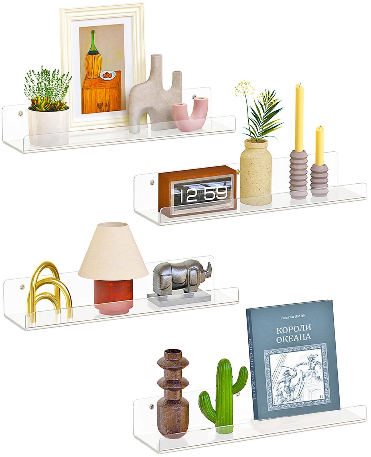 Dooiclear 4 Pack Floating Shelves for Wall, 15" Clear Book 4 Pack,