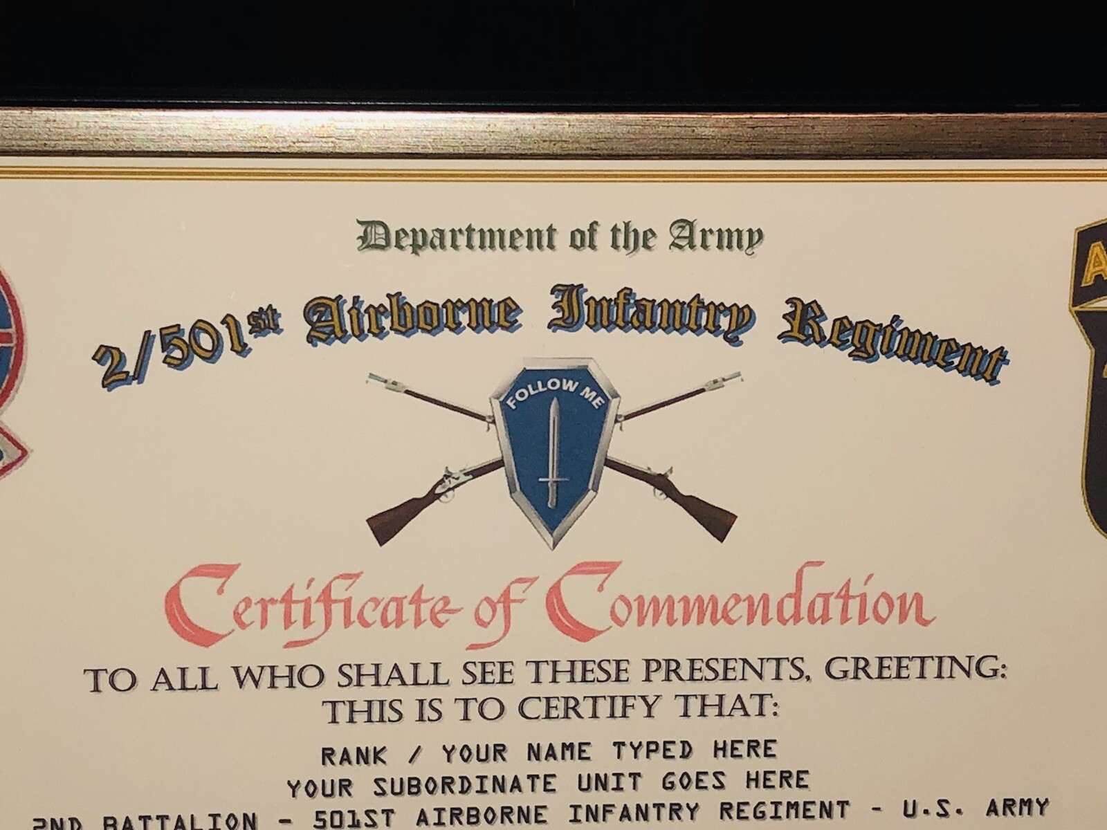 2/501ST AIRBORNE INFANTRY REGT / COMMEMORATIVE - CERTIFICATE OF COMMENDATION