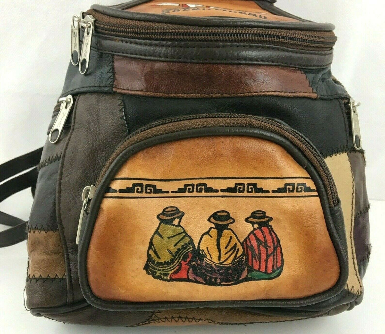 Peru Machu Picchu Leather Patch Work Adjustable Straps Backpack Purse