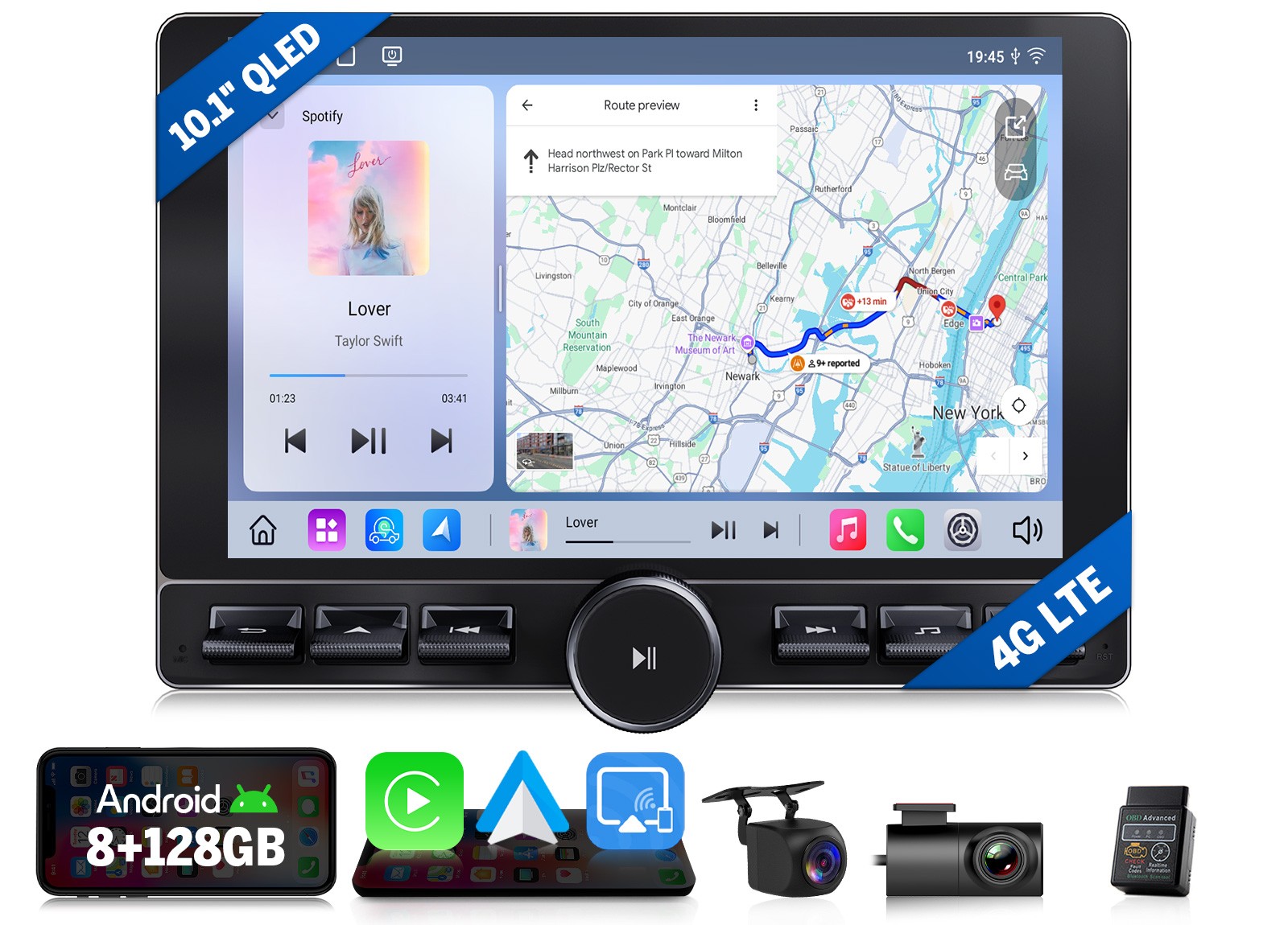 Android 13 8+128 Car Play GPS Navi Stereo Radio 10.1"QLED Touch Screen DSP 2 DIN