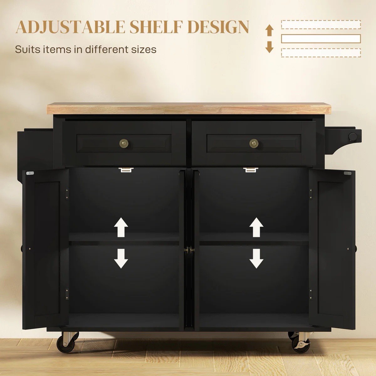 Kitchen Island Cart with Rubberwood Flip Top & Storage